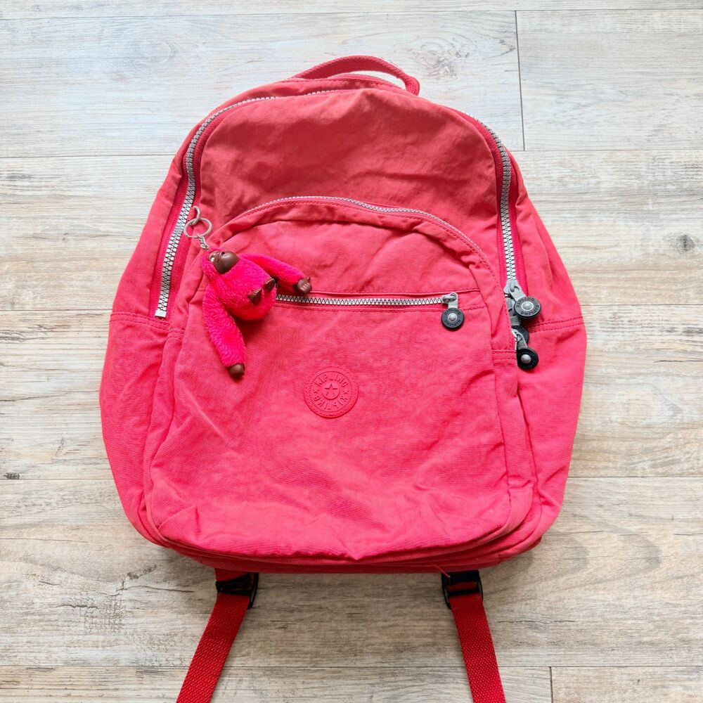 Kipling Seoul 15" Laptop Backpack Pink Red Nylon Monkey Charm School Travel Bag